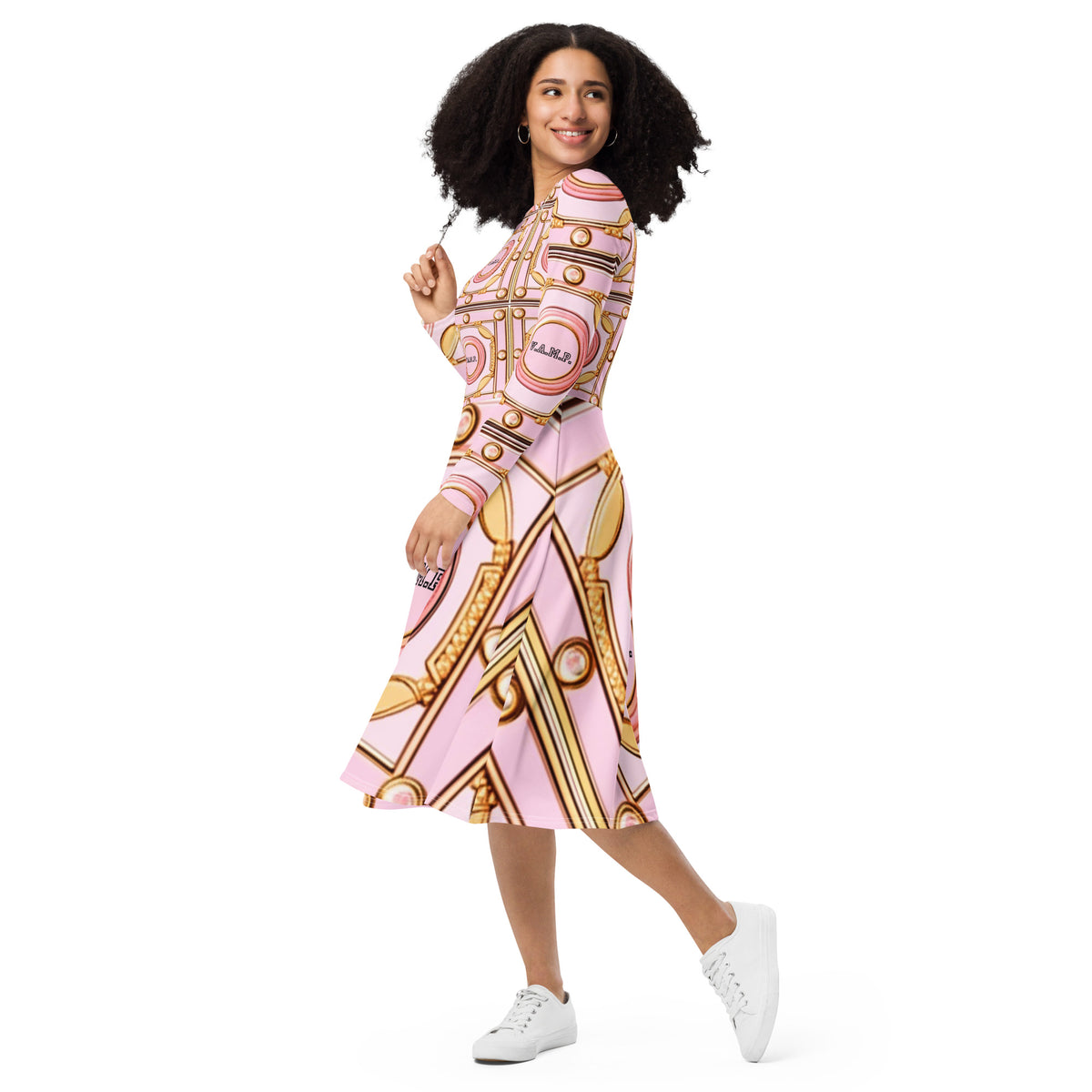 Front V.A.M.P. Paris Signature Scarf Design long sleeve midi dress Mid Length #MzKittyz #NikkiDKatArt