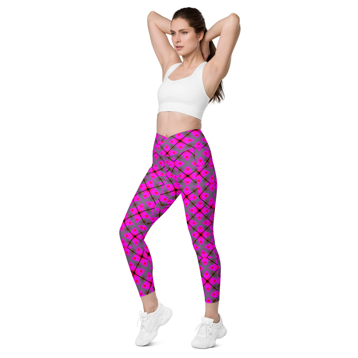 Front Pink Plaid Crossover leggings with pockets #MzKittyz #NikkiDKatArt