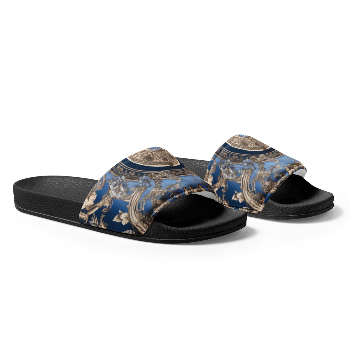 Front Blue, Silver & Gold Signature Scarf Design Women's Slides Slides #MzKittyz #NikkiDKatArt
