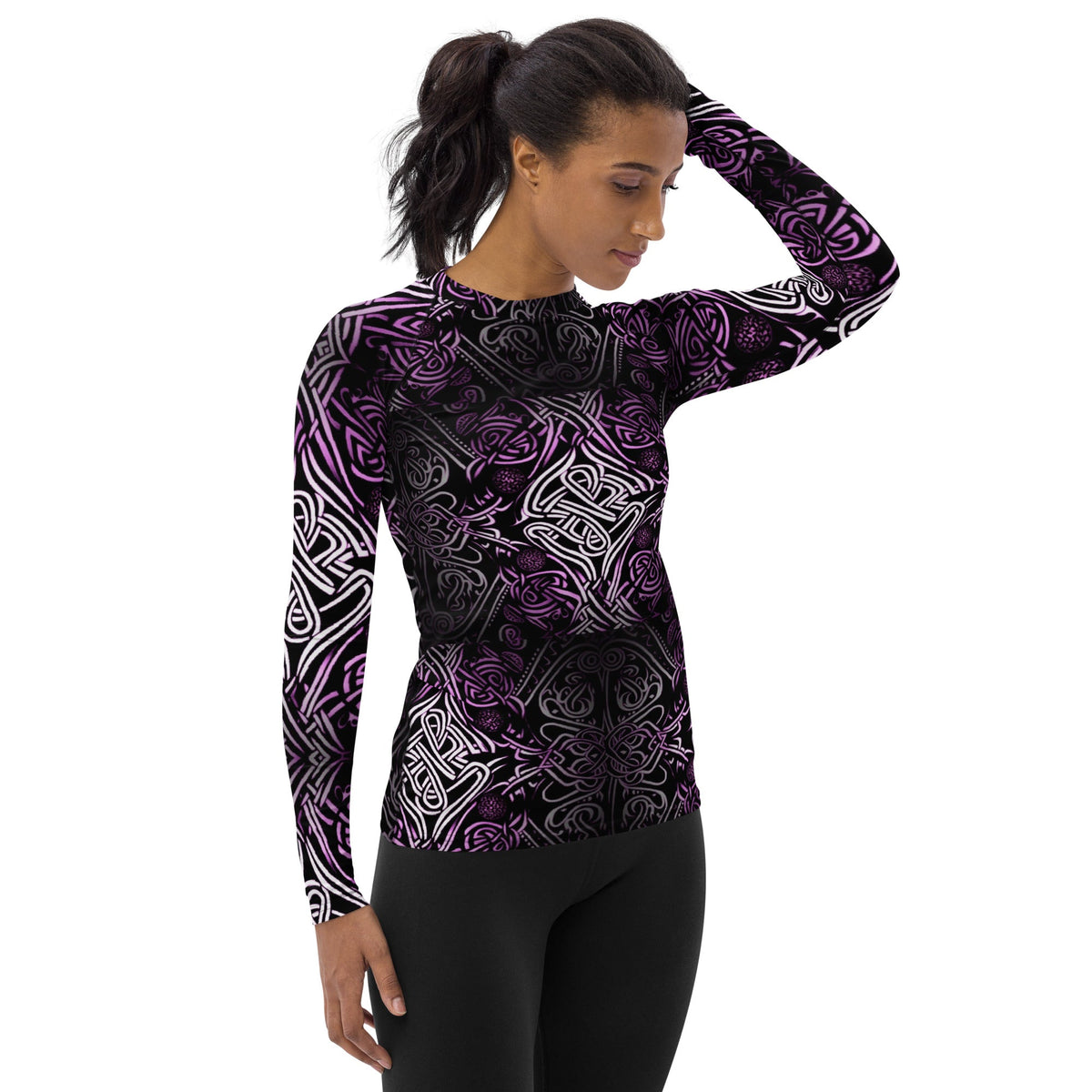 Front Purple Celtic Knot Women's Rash Guard #MzKittyz #NikkiDKatArt