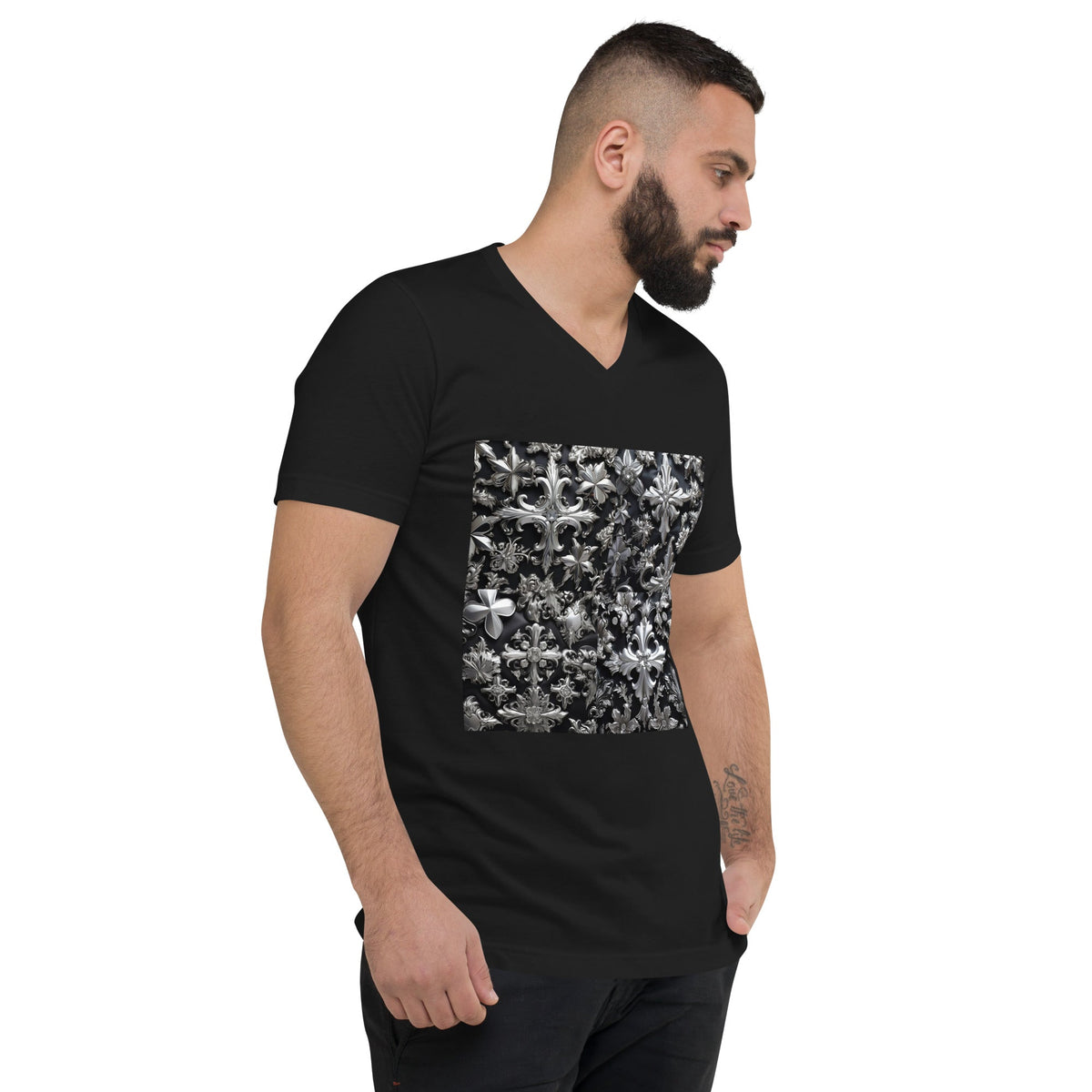 Front Chrome Crosses Unisex Short Sleeve V-Neck T-Shirt T-shirt, vneck #MzKittyz #NikkiDKatArt