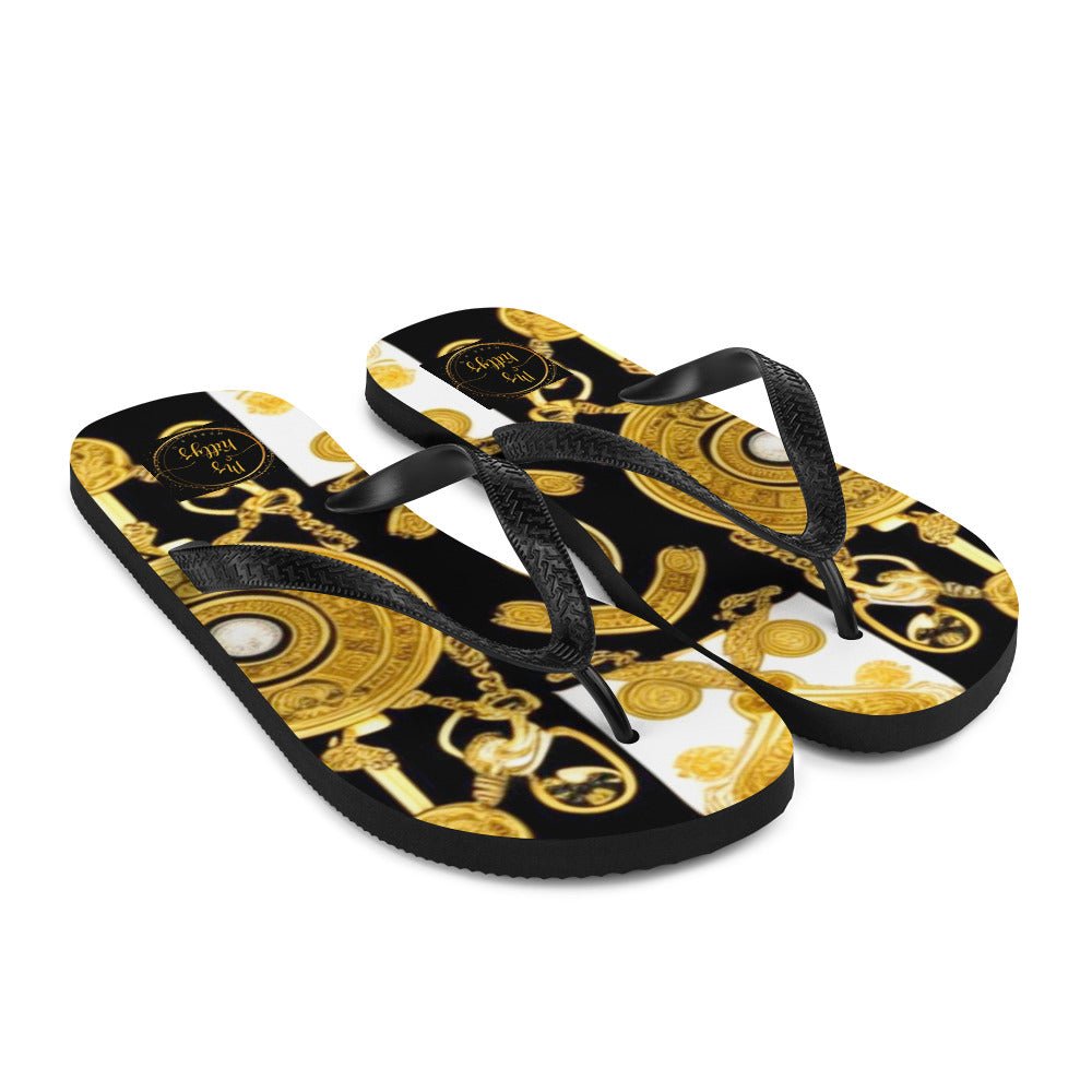 Front Baroque Gold & Black Coin Signature Design - Unisex Flip-Flops Flip Flops #MzKittyz #NikkiDKatArt