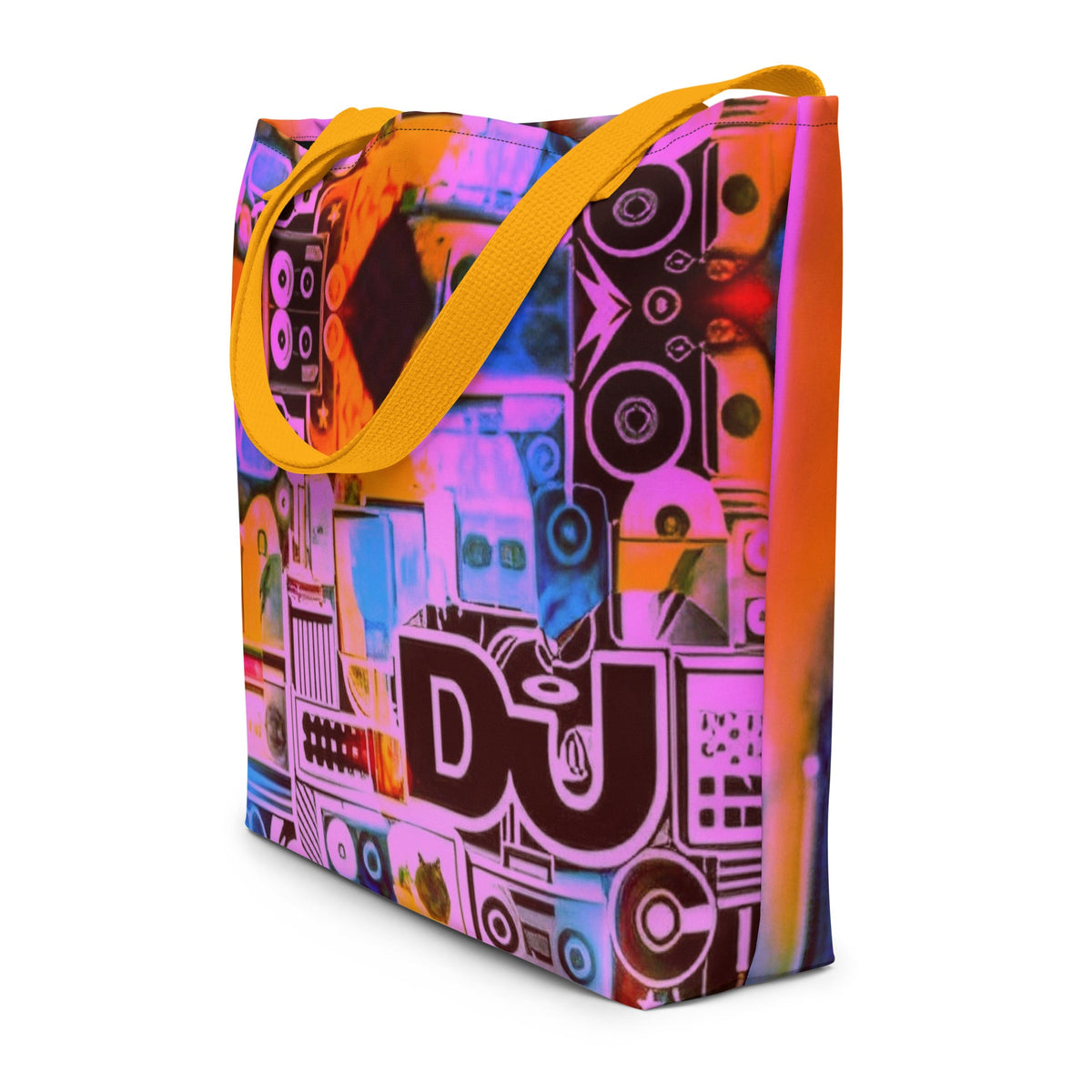 Side Dj Love Design All-Over Print- Large Tote Bag - Black or Yellow Cotton Handles Beach Bag #MzKittyz #NikkiDKatArt
