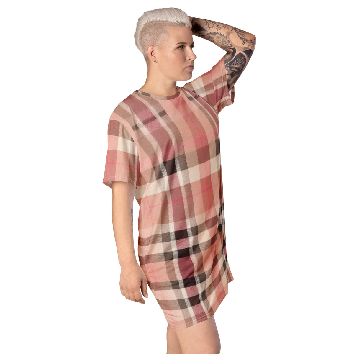 Front Lt. Pink Plaid - Oversized, Stretchy, T-shirt Dress - 2XS-6XL T-shirt #MzKittyz #NikkiDKatArt