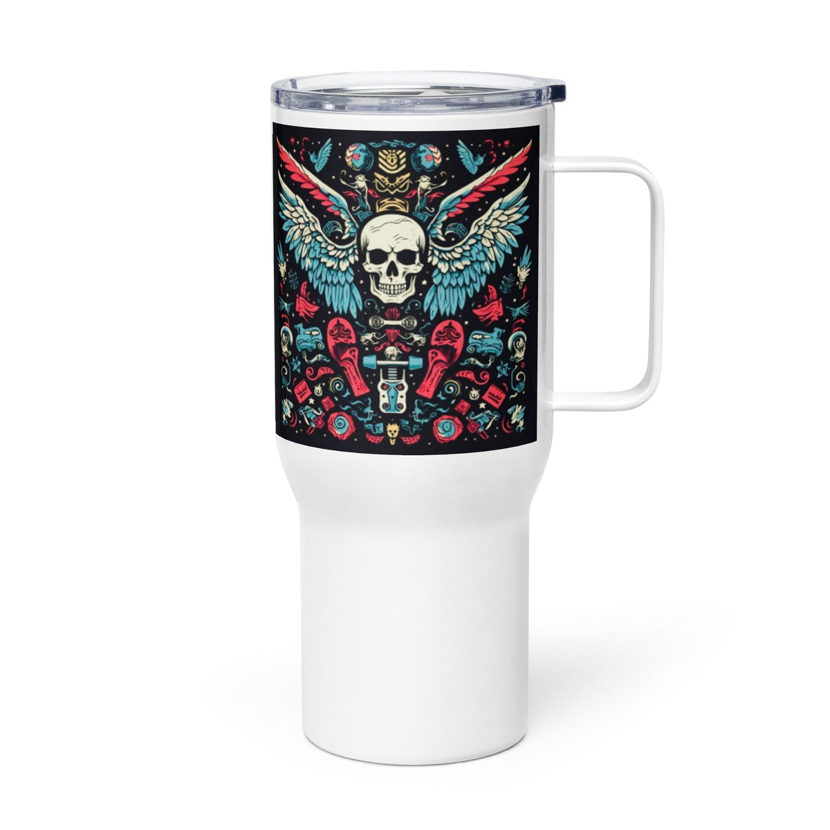 Front Skully Wings Color 2 Designs - Travel Mug with a Handle, 25oz #MzKittyz #NikkiDKatArt