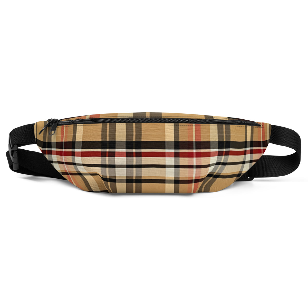 Front Beige Plaid Adjustable Fanny Pack #MzKittyz #NikkiDKatArt