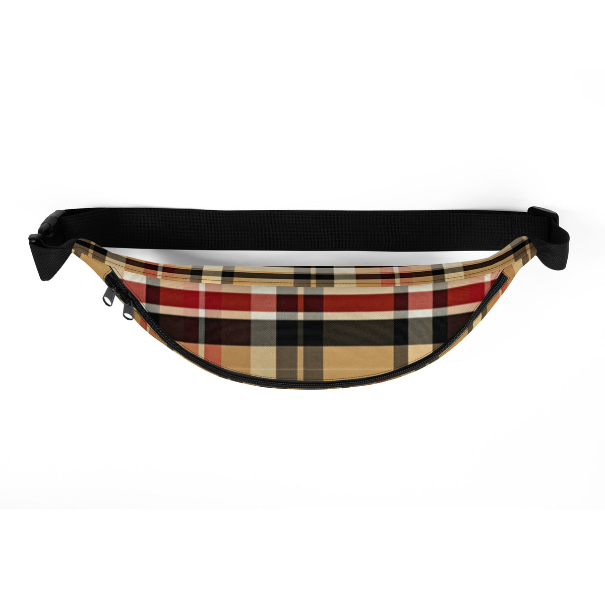 Front Beige Plaid Adjustable Fanny Pack #MzKittyz #NikkiDKatArt
