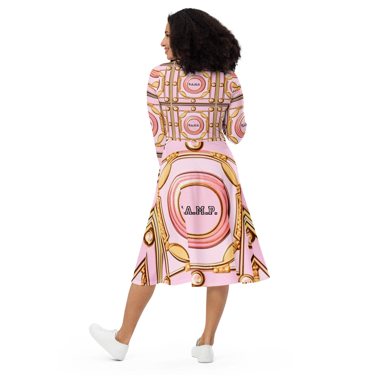 Front V.A.M.P. Paris Signature Scarf Design long sleeve midi dress Mid Length #MzKittyz #NikkiDKatArt