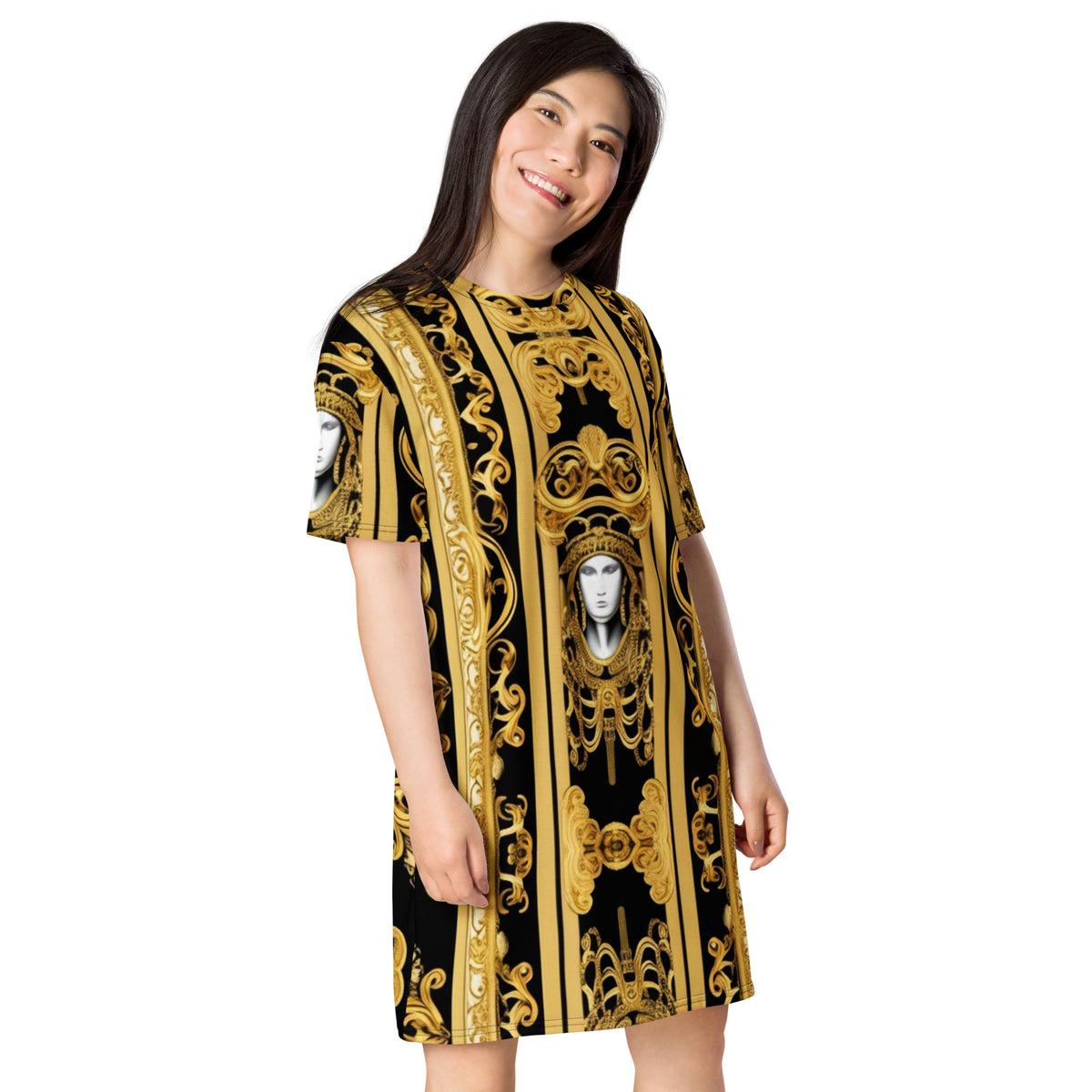 Front Gold & Black Baroque Scarf Design T-shirt dress T-shirt #MzKittyz #NikkiDKatArt