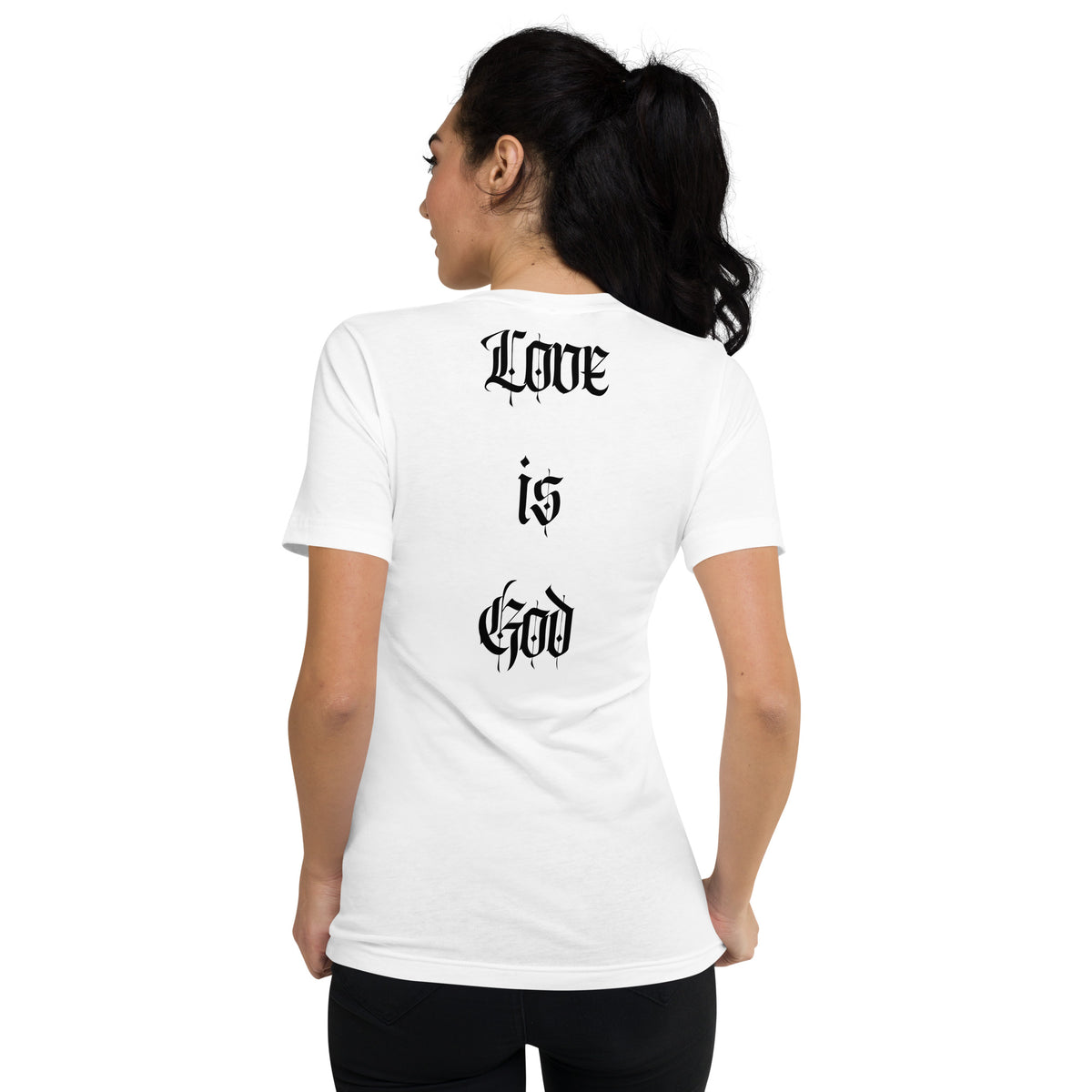 Back,Girl,  "LOVE IS GOD" God Is Love, Love Is God, White, Unisex Short Sleeve V-Neck T-Shirt #MzKittyz #NikkiDKatArt