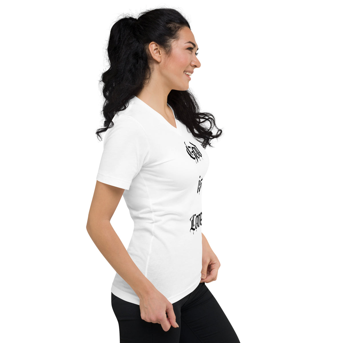 Right Side, Girl, 'GOD IS LOVE" God Is Love, Love Is God, White, Unisex Short Sleeve V-Neck T-Shirt #MzKittyz #NikkiDKatArt
