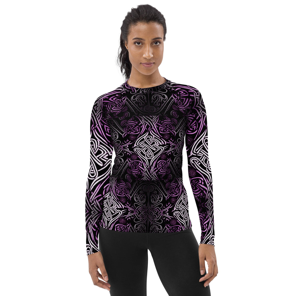 Front Purple Celtic Knot Women's Rash Guard #MzKittyz #NikkiDKatArt