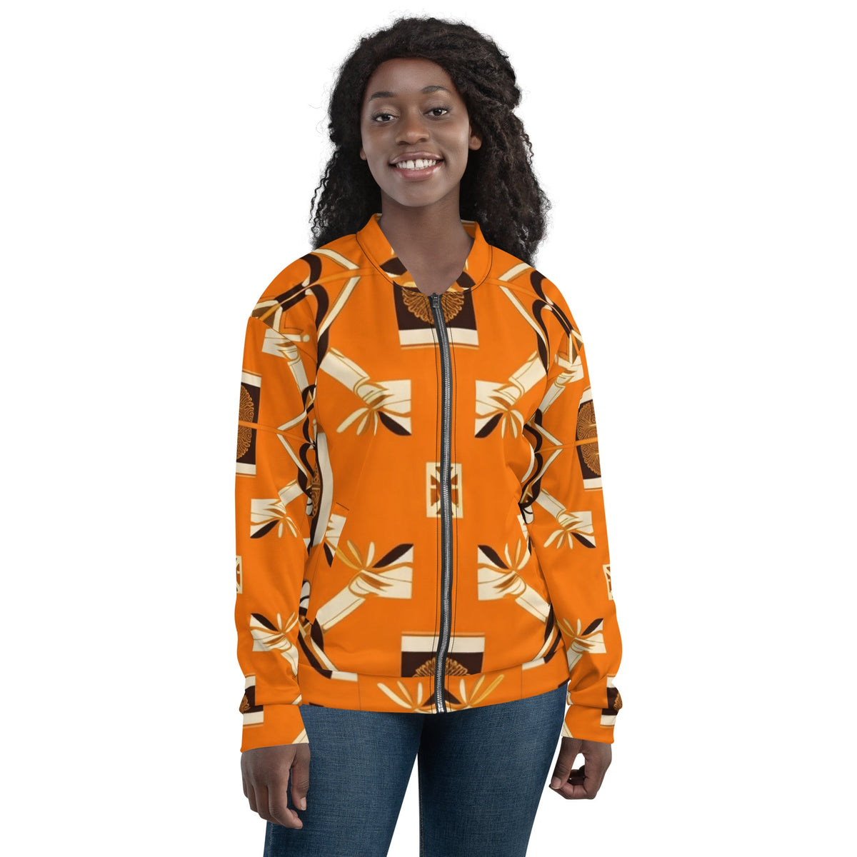 Front Orange Signature Scarf Unisex Bomber Jacket Bomber #MzKittyz #NikkiDKatArt