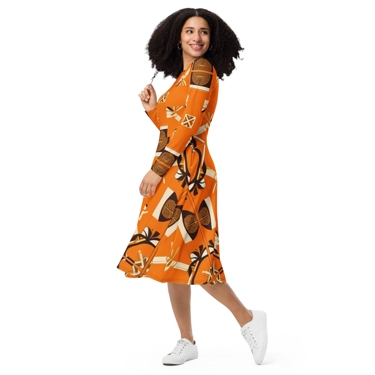 Side MzKittyz Signature Scarf Design in Orange - All-over print long sleeve midi dress w/pockets mid length #NikkiDKatArt