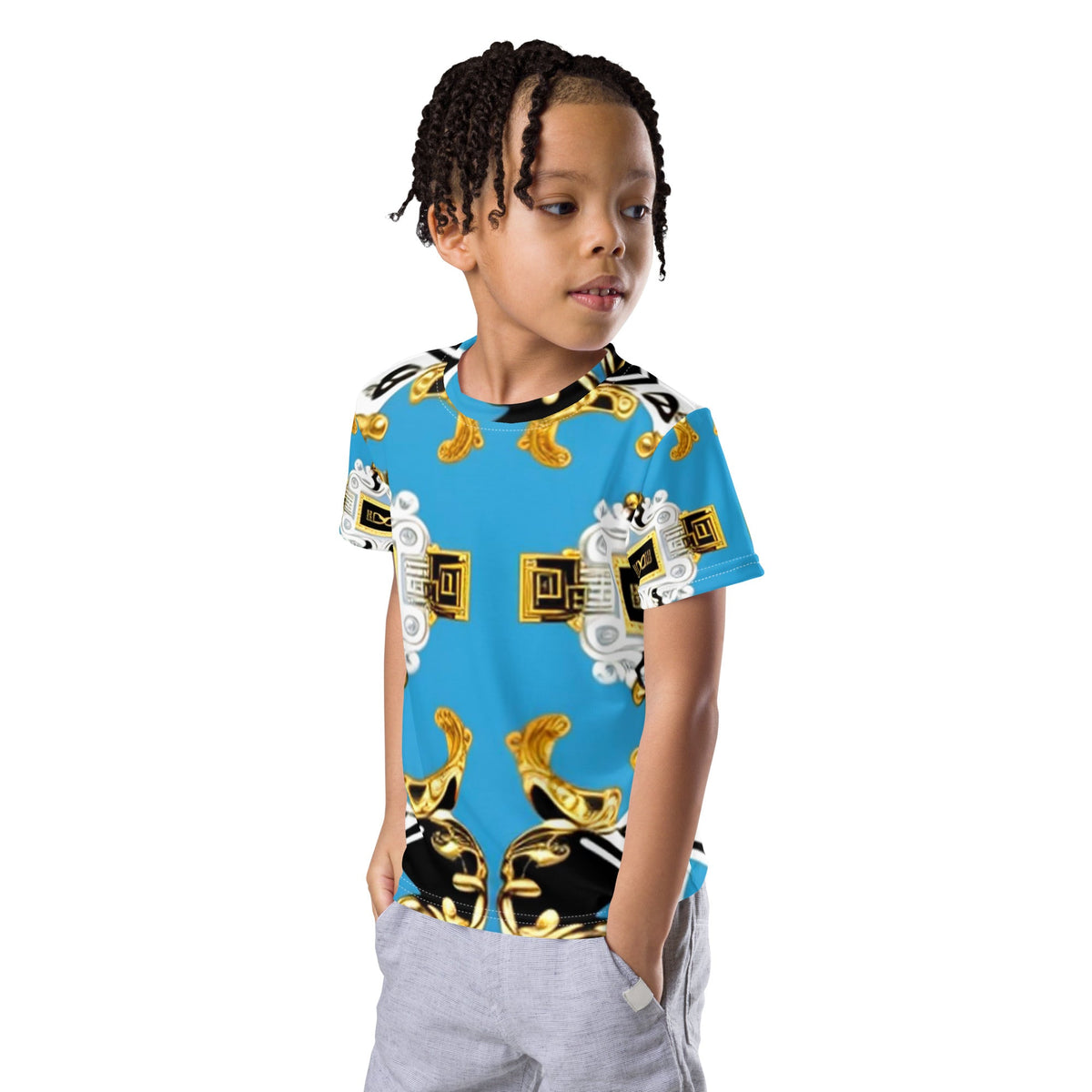 Front Blue Scroll Signature Scarf Design Kids crew neck T-shirt Tshirt, Kids #MzKittyz #NikkiDKatArt