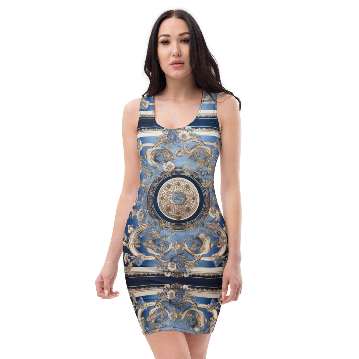 Front Signature Silvery Bleu Scarf Sublimation Cut & Sew Dress Fitted Dress #MzKittyz #NikkiDKatArt