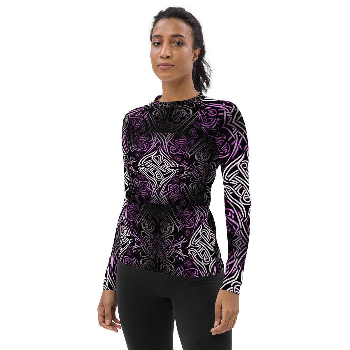 Front Purple Celtic Knot Women's Rash Guard #MzKittyz #NikkiDKatArt