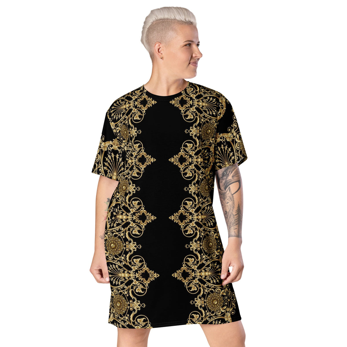 Front Lacie Lace Baroque Gold Women's T-shirt dress #MzKittyz #NikkiDKatArt