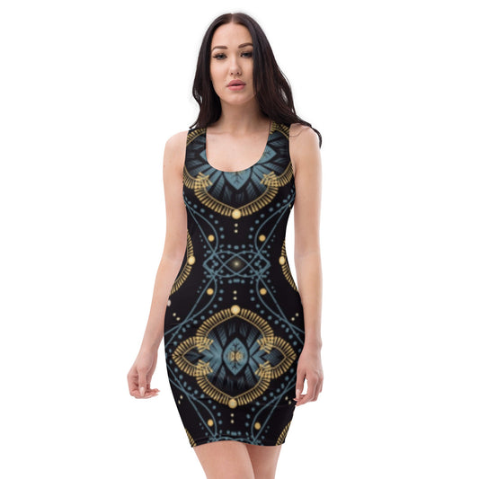 Front Blue / Black / Gold Tapestry Signature Cut & Sew Dress Fitted Dress #MzKittyz #NikkiDKatArt