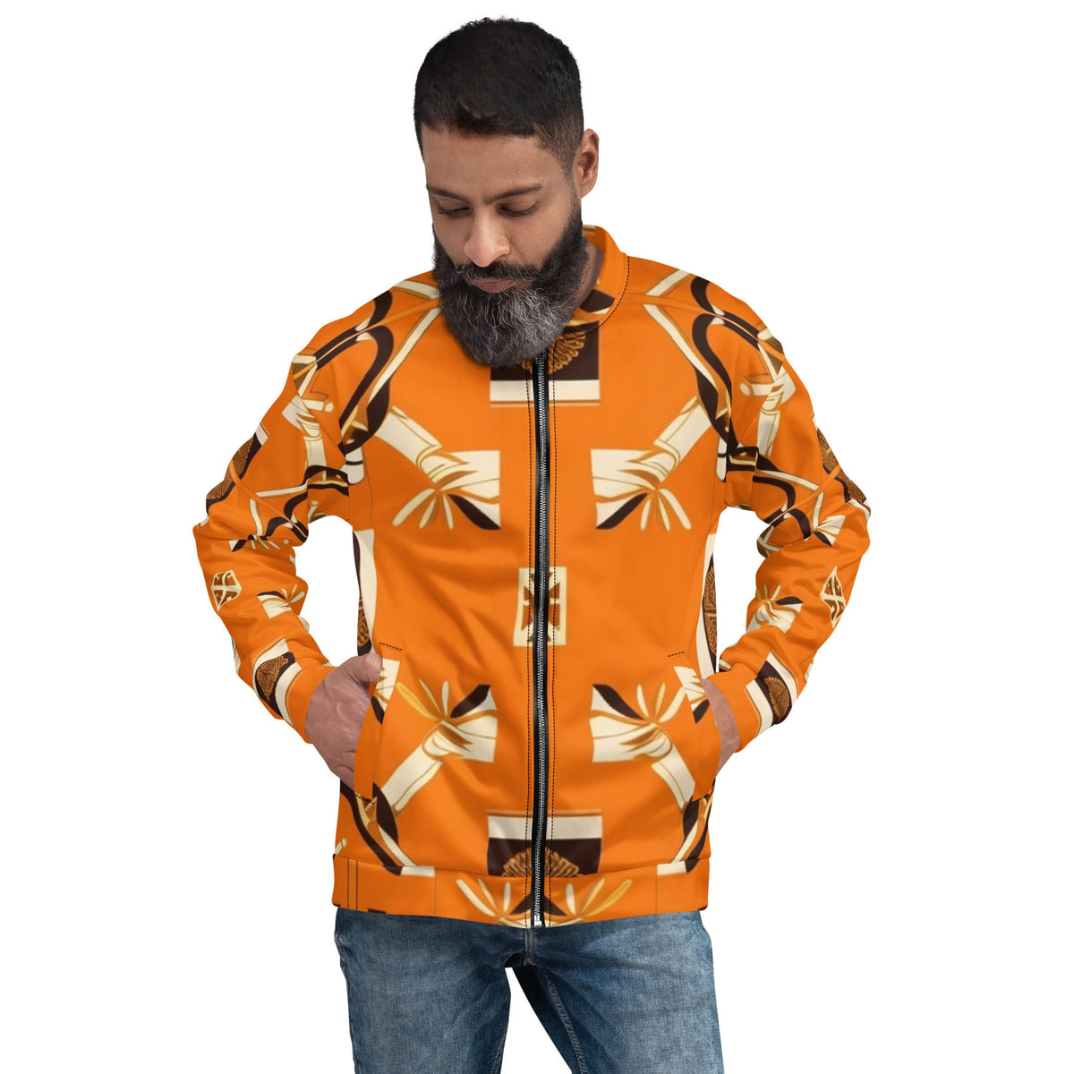 Front Orange Signature Scarf Unisex Bomber Jacket Bomber #MzKittyz #NikkiDKatArt