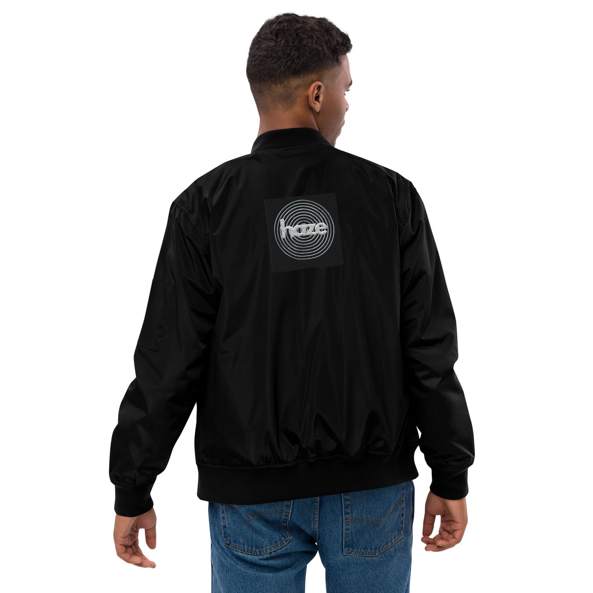 Front haze logo Embroidered Unisex Premium recycled bomber jacket Jacket #MzKittyz #NikkiDKatArt