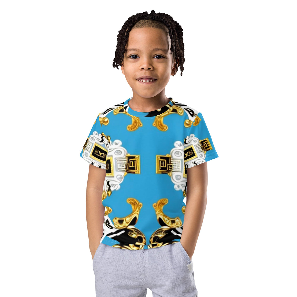 Front Blue Scroll Signature Scarf Design Kids crew neck T-shirt Tshirt, Kids #MzKittyz #NikkiDKatArt