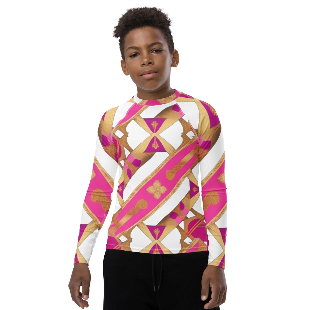 Front Pink & Gold Ribbon Signature Design Unisex Youth Rash Guard #MzKittyz #NikkiDKatArt