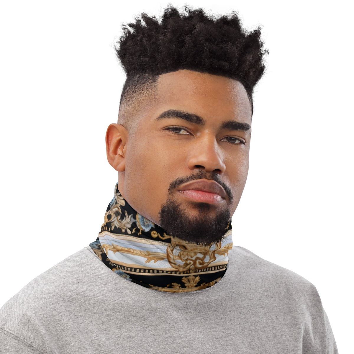Front Gold & Black Signature Scarf Mask, Neck Gaiter Mask #MzKittyz #NikkiDKatArt