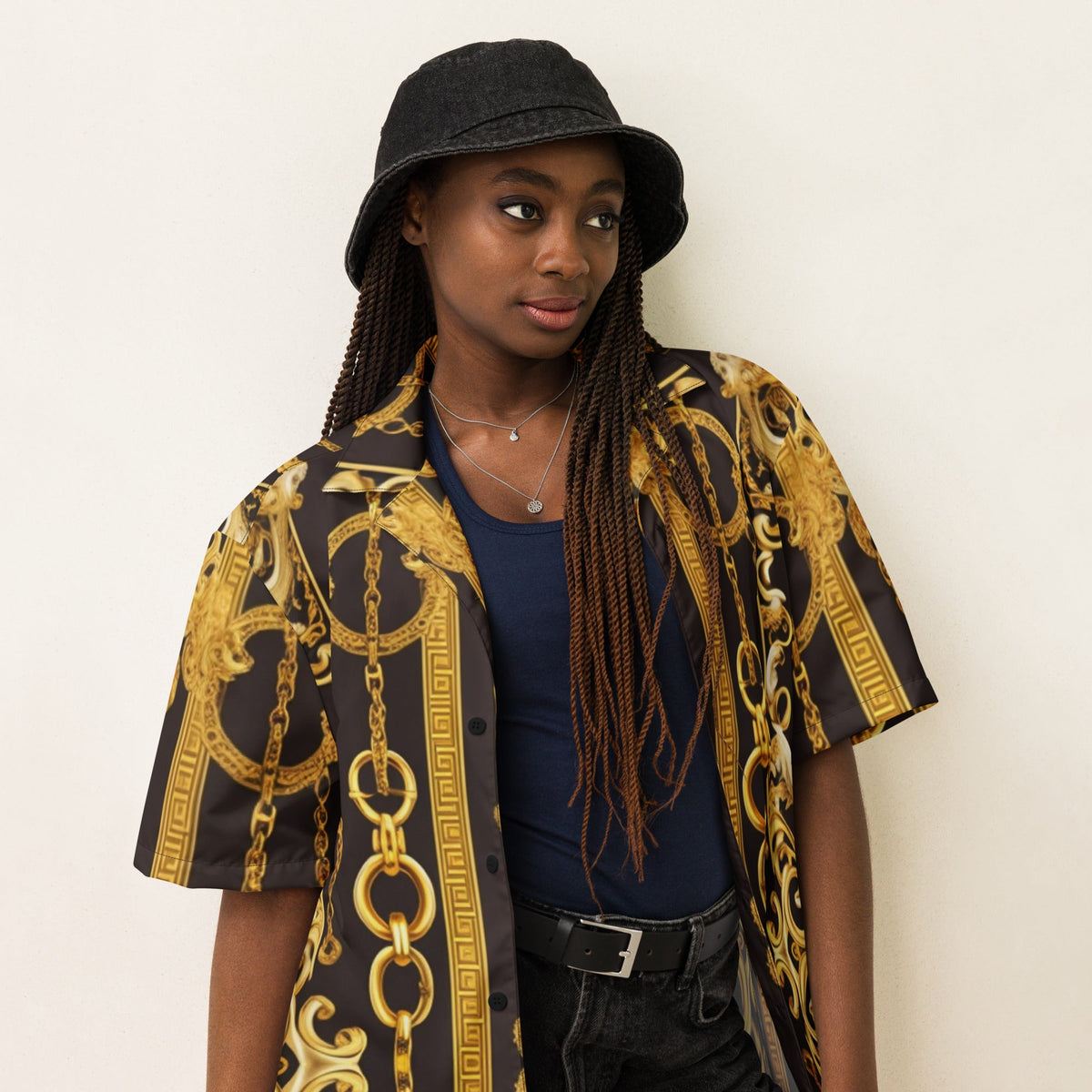 Front Gold & Black Baroque Signature Scarf Design Unisex button shirt Shirt #MzKittyz #NikkiDKatArt