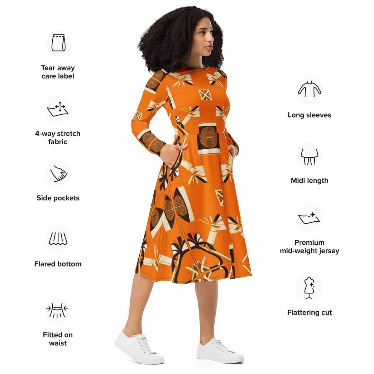 Front  Side Stats MzKittyz Signature Scarf Design in Orange - All-over print long sleeve midi dress w/pockets mid length