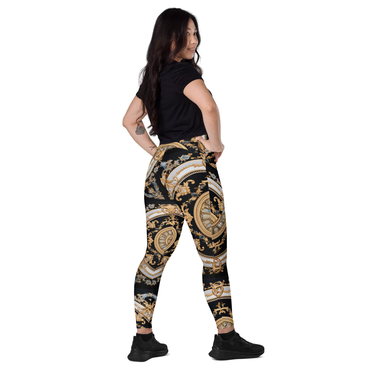 Front Mz Kittyz Black, Gold, Grey, Signature Scarf Design Leggings with pockets Leggings #MzKittyz #NikkiDKatArt