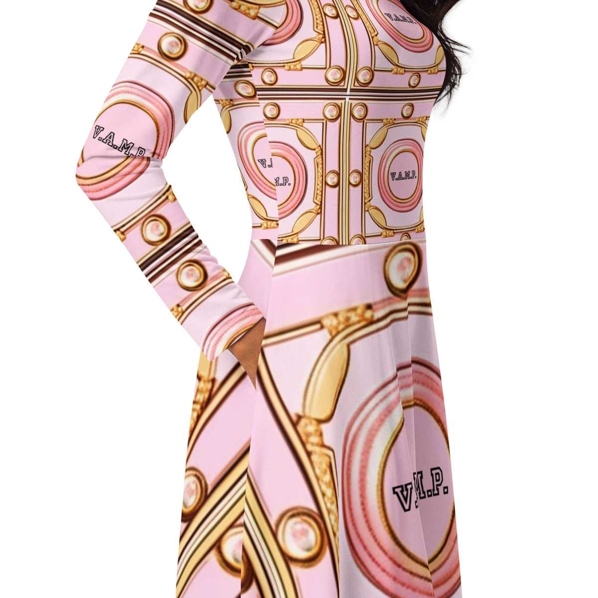 Front V.A.M.P. Paris Signature Scarf Design long sleeve midi dress Mid Length #MzKittyz #NikkiDKatArt