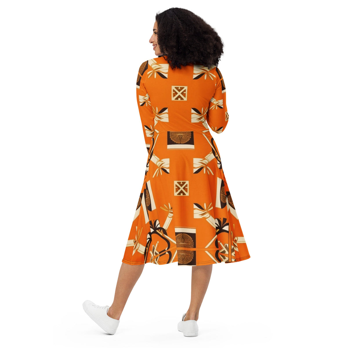 Back MzKittyz Signature Scarf Design in Orange - All-over print long sleeve midi dress w/pockets mid length #NikkiDKatArt