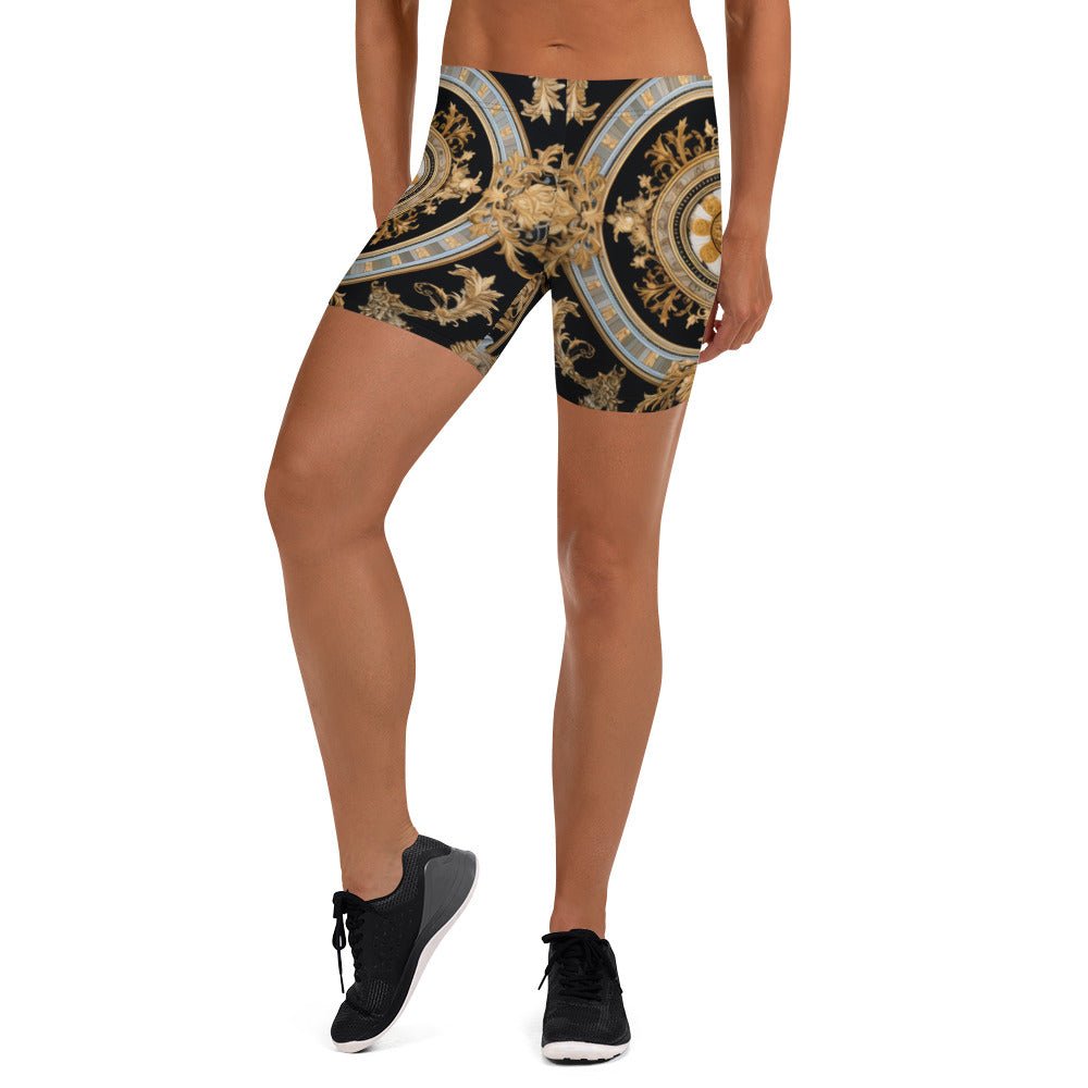 Front Mz Kittyz Black,Gold,Grey, Signature Scarf Design Shorts #MzKittyz #NikkiDKatArt