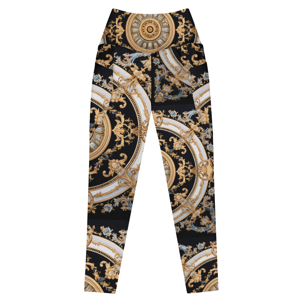 Front Mz Kittyz Black, Gold, Grey, Signature Scarf Design Leggings with pockets Leggings #MzKittyz #NikkiDKatArt