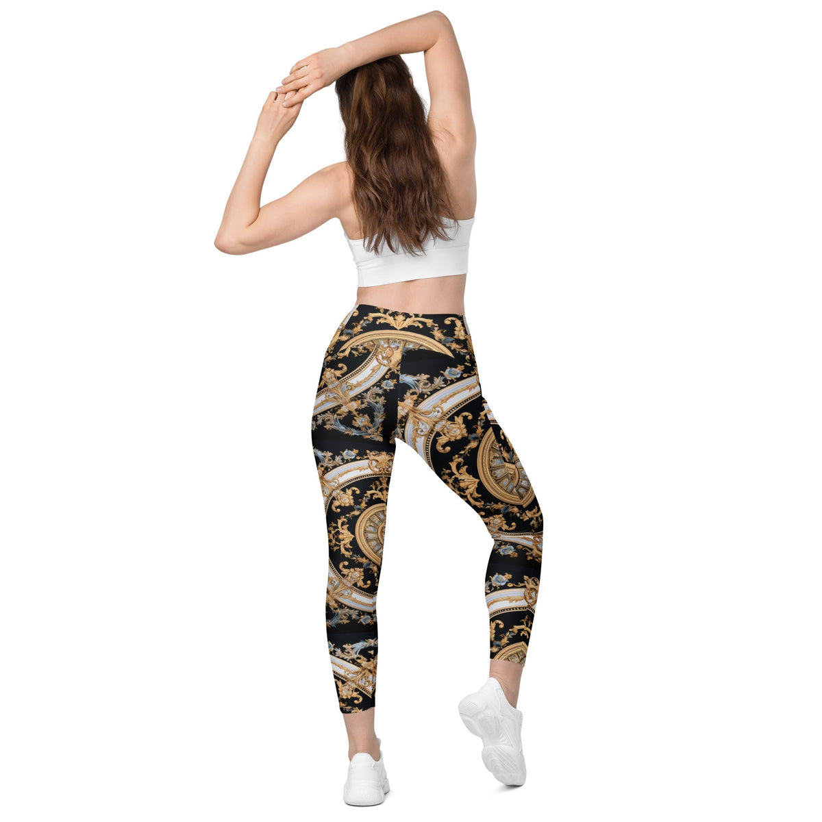 Front Mz Kittyz Black, Gold, Grey, Signature Scarf Design Leggings with pockets Leggings #MzKittyz #NikkiDKatArt