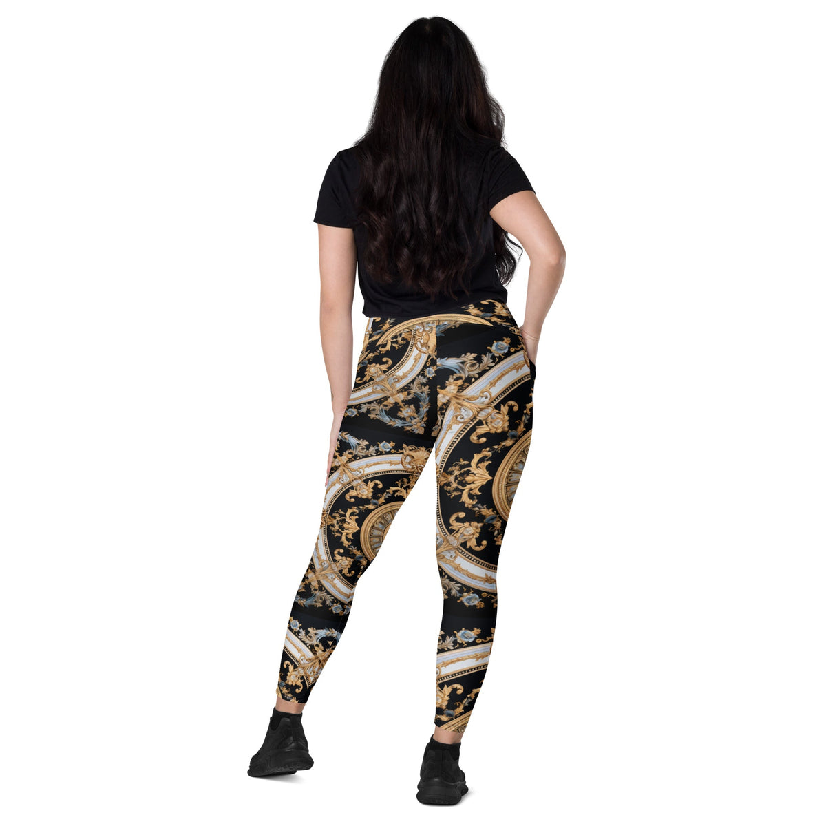 Front Mz Kittyz Black, Gold, Grey, Signature Scarf Design Leggings with pockets Leggings #MzKittyz #NikkiDKatArt