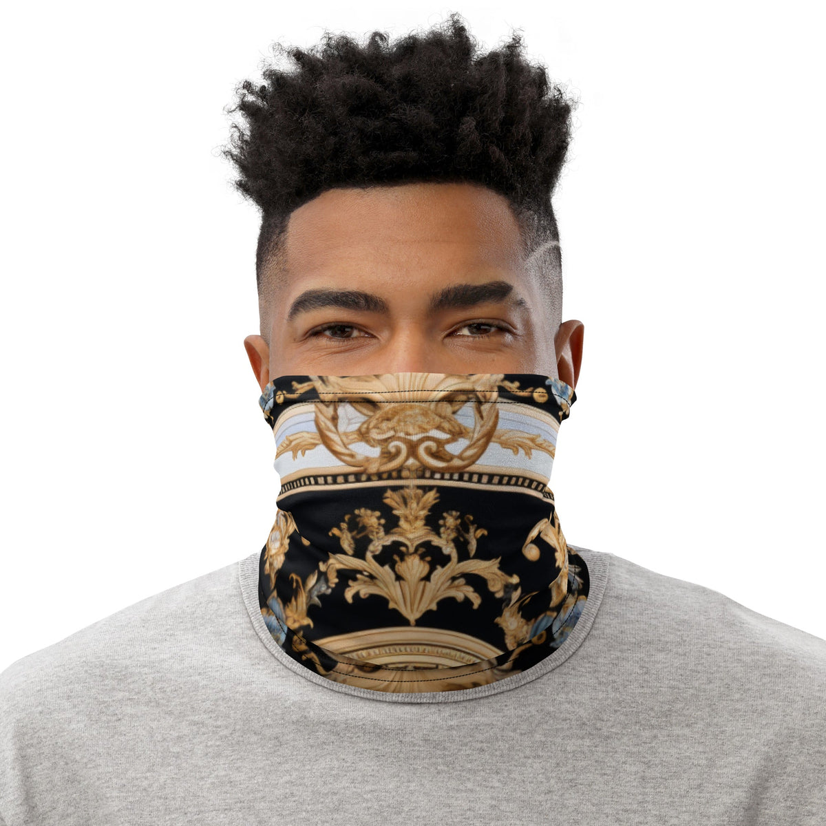 Front Gold & Black Signature Scarf Mask, Neck Gaiter Mask #MzKittyz #NikkiDKatArt