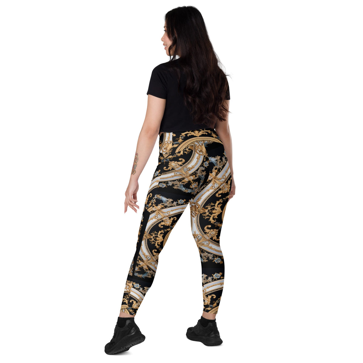 Front Mz Kittyz Black, Gold, Grey, Signature Scarf Design Leggings with pockets Leggings #MzKittyz #NikkiDKatArt