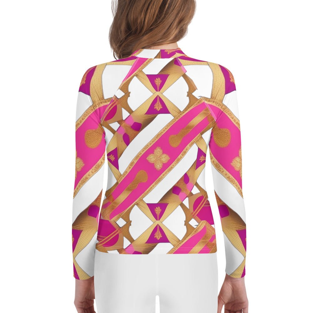 Front Pink & Gold Ribbon Signature Design Unisex Youth Rash Guard #MzKittyz #NikkiDKatArt