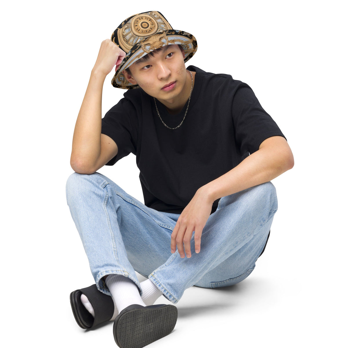 Front MzKittyz Signature Gold & Black Scarf Reversible Bucket Hat Bucket #MzKittyz #NikkiDKatArt