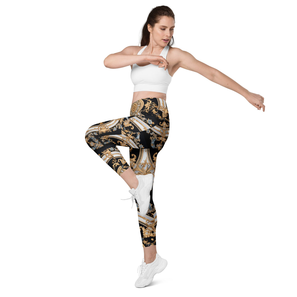 Front Mz Kittyz Black, Gold, Grey, Signature Scarf Design Leggings with pockets Leggings #MzKittyz #NikkiDKatArt