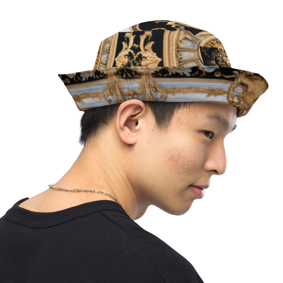 Front MzKittyz Signature Gold & Black Scarf Reversible Bucket Hat Bucket #MzKittyz #NikkiDKatArt