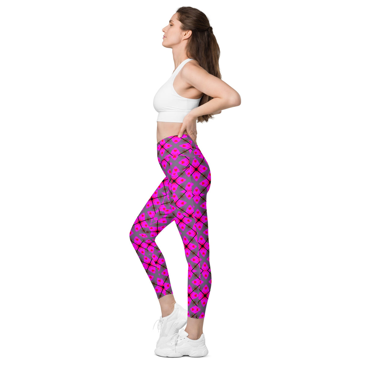 Front Pink Plaid Crossover leggings with pockets #MzKittyz #NikkiDKatArt