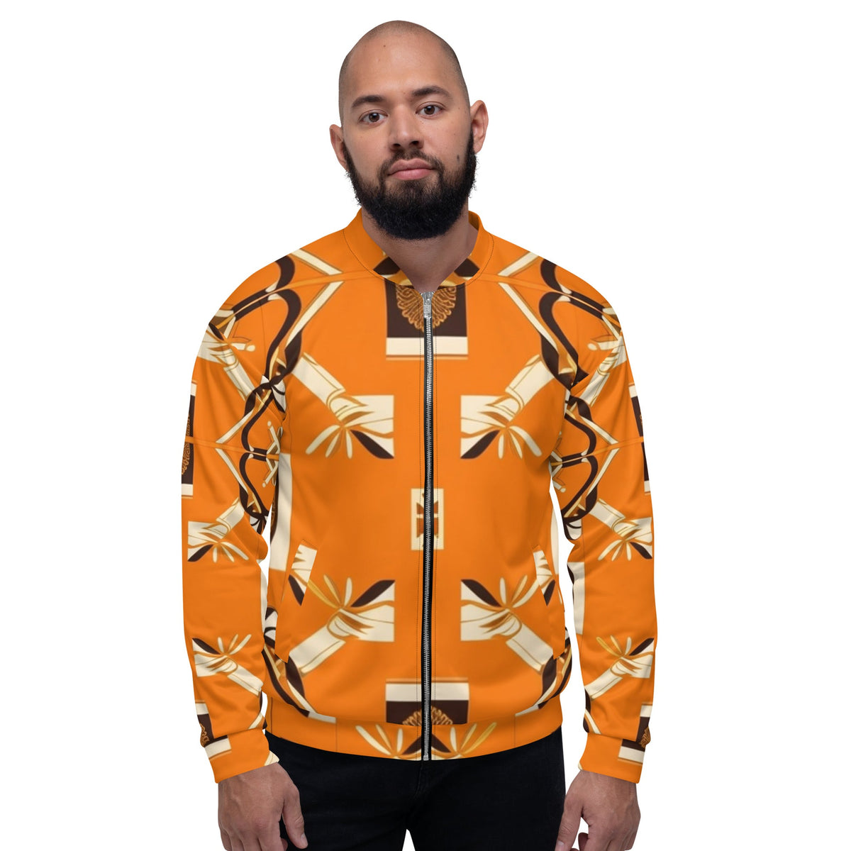 Front Orange Signature Scarf Unisex Bomber Jacket Bomber #MzKittyz #NikkiDKatArt