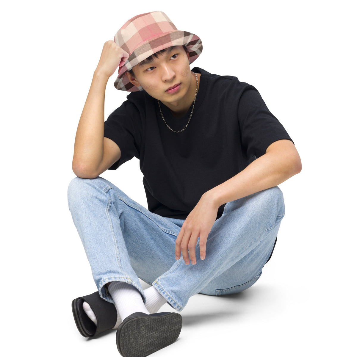 Front Lt Pink Plaid Unisex Reversible Bucket Hat Bucket #MzKittyz #NikkiDKatArt