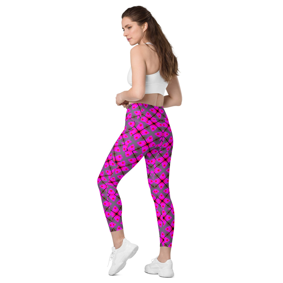 Front Pink Plaid Crossover leggings with pockets #MzKittyz #NikkiDKatArt