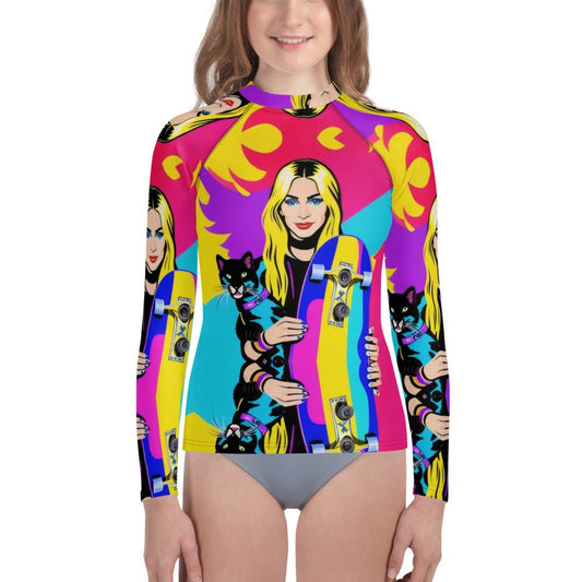 Front Mz Kitty Skateboard Kat Youth Rash Guard Shirt Moisture Wicking Shirt #MzKittyz #NikkiDKatArt