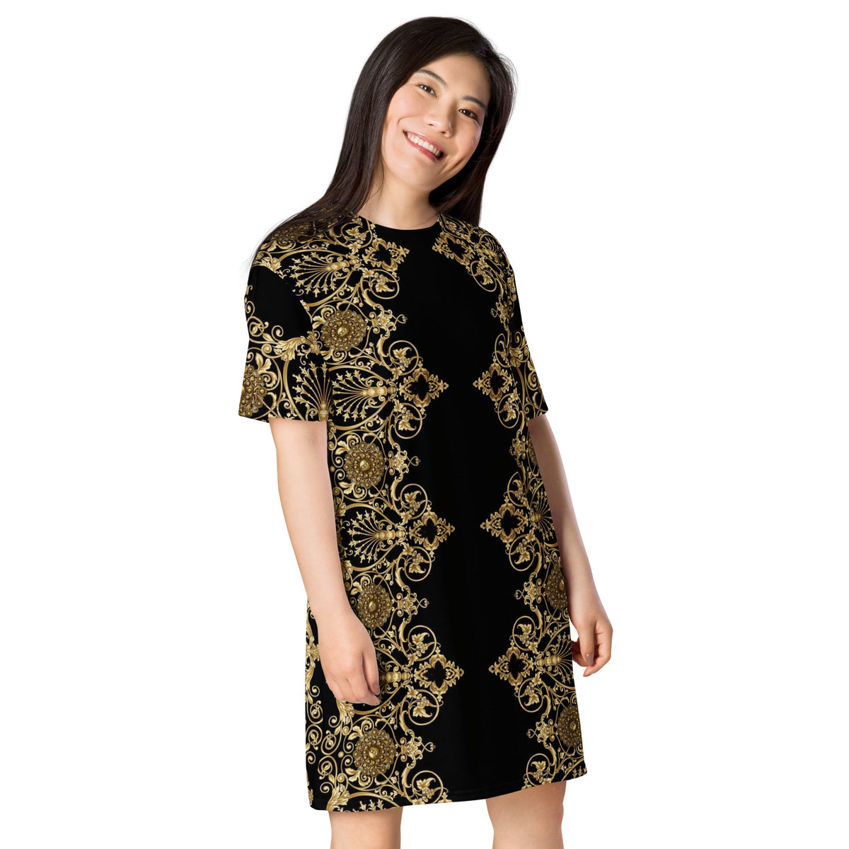 Front Lacie Lace Baroque Gold Women's T-shirt dress #MzKittyz #NikkiDKatArt