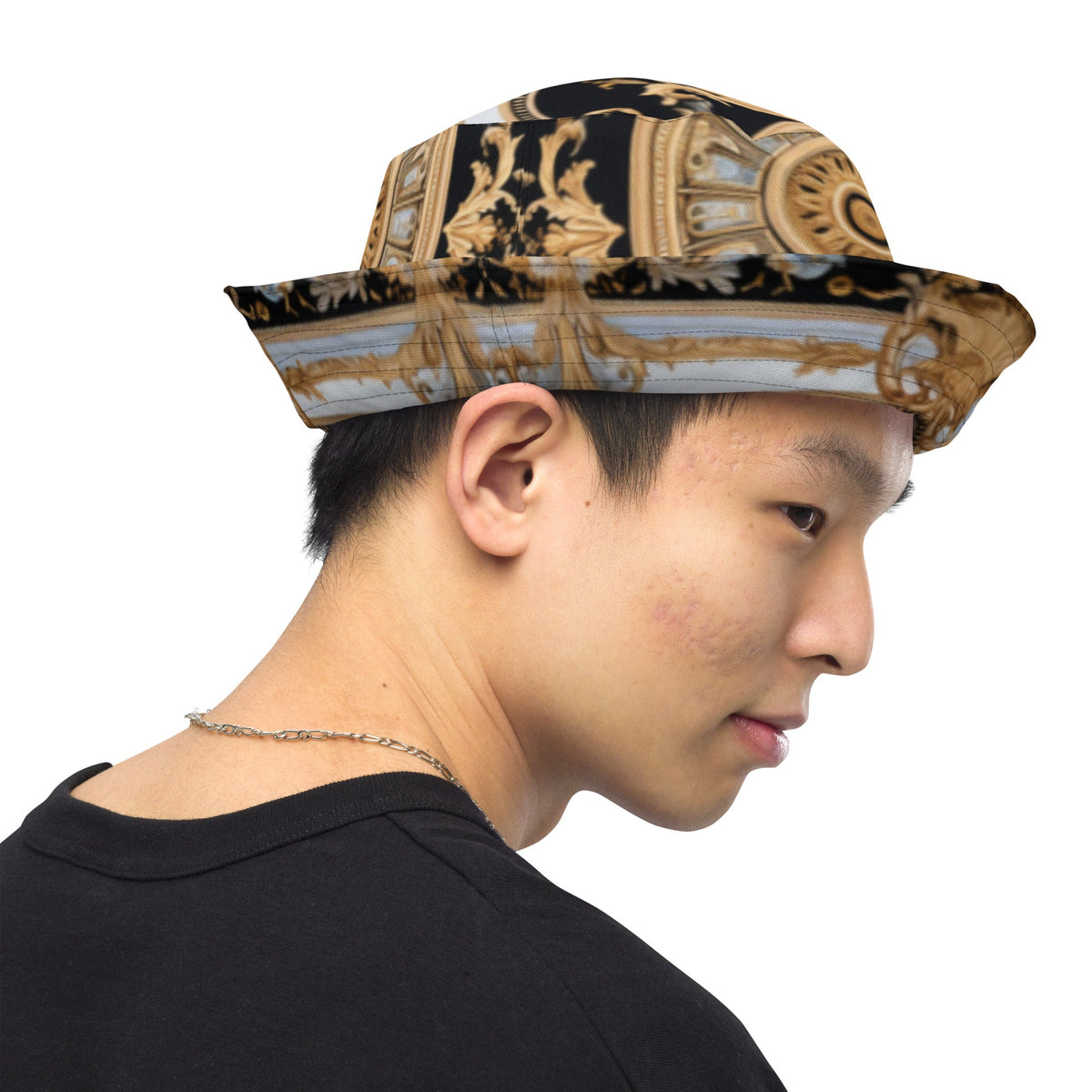 Front MzKittyz Signature Gold & Black Scarf Reversible Bucket Hat Bucket #MzKittyz #NikkiDKatArt